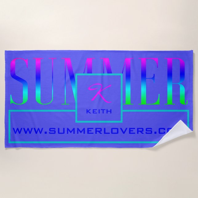 Summer Blue Turquoise Pink Name Mit Monogramm Strandtuch (Vorderseite)