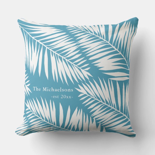 Summer Blue und White Palms mit Name und Jahr Kissen (Vorderseite)