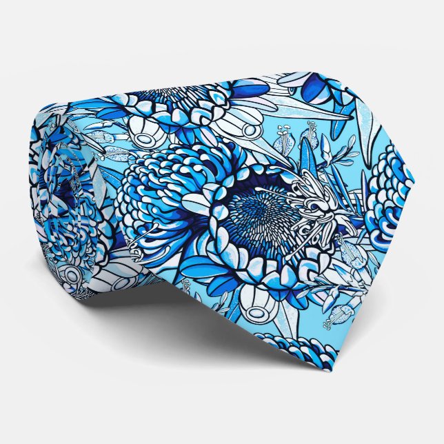 Summer Blue Waratah Florals Krawatte (Gerollt)