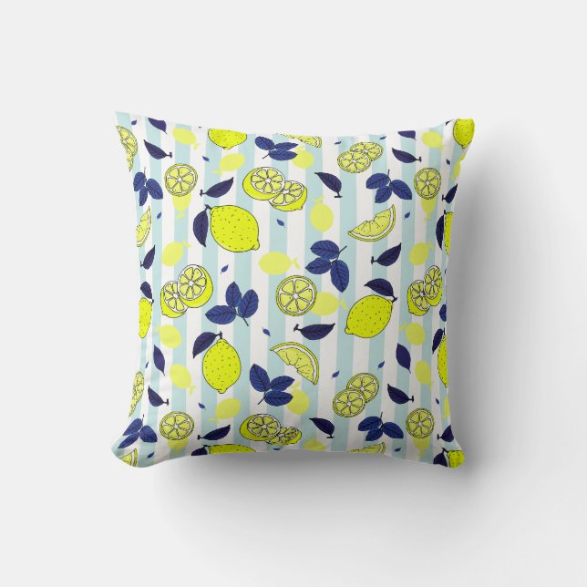Summer Blue Yellow Lemon Slices on Blue Stripes Kissen (Vorderseite)