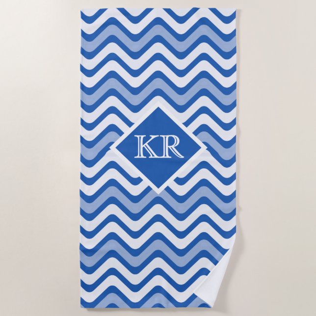 Summer Blue Zickzack Zig Zag Streifen Monogramm Strandtuch (Vorderseite)