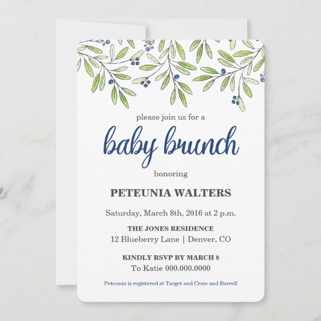 Summer Blueberry Foliage Baby Brunch Einladung (Vorderseite)