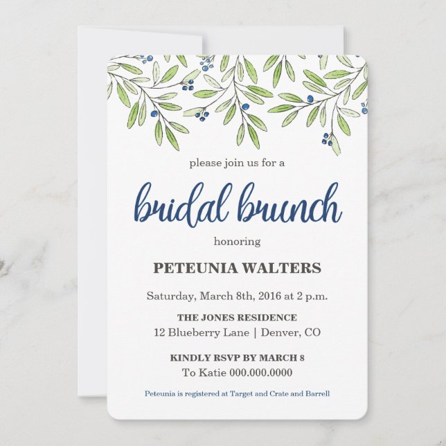 Summer Blueberry Foliage Bridal Brunch Einladung (Vorderseite)