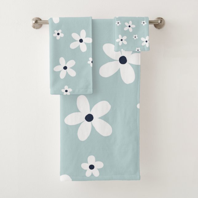 Summer Boho Blue White Daisy Blume Badhandtuch Set (Insitu)