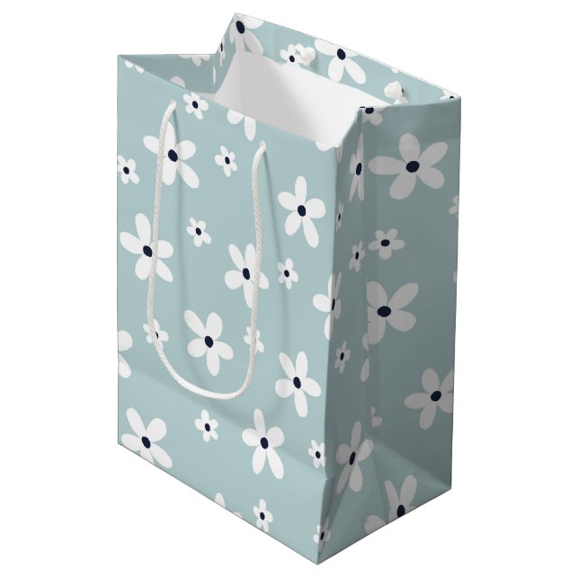 Summer Boho Blue White Daisy Blume Mittlere Geschenktüte (Vorderseite Schrägansicht)