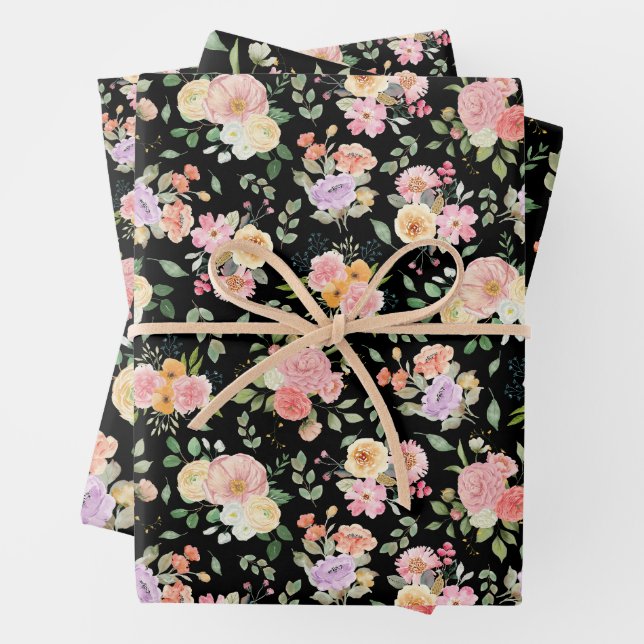 Summer Boho Floral auf Black Geschenkpapier Set (Beispiel)