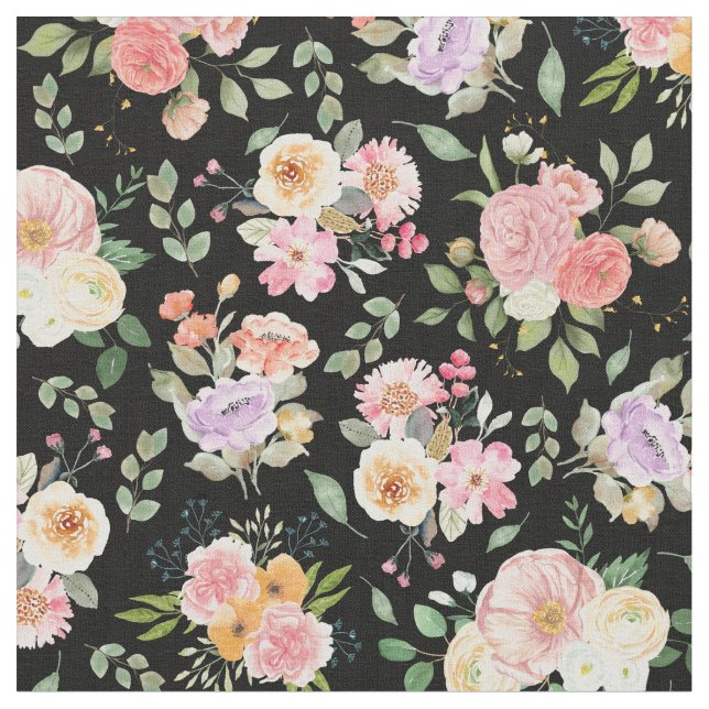 Summer Boho Floral auf Black Stoff (Nahaufnahme)