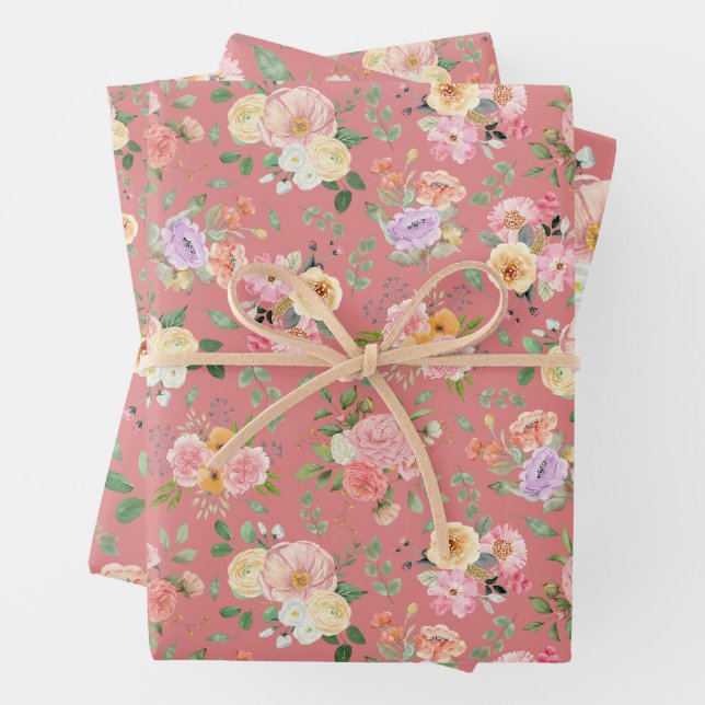 Summer Boho Floral auf Tulip Pink Geschenkpapier Set (Beispiel)