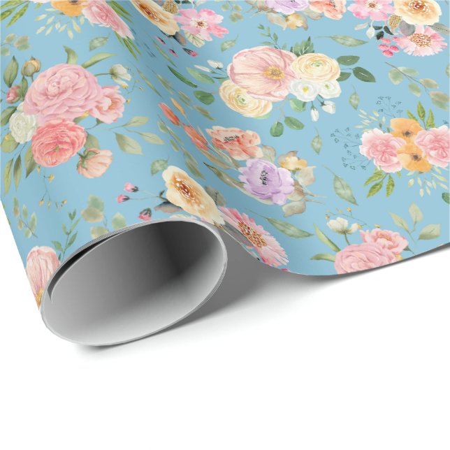 Summer Boho Floral on Blue Geschenkpapier (Rolleneckpunkt)