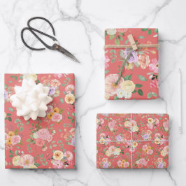 Summer Boho Floral on Dark Coral Pink Geschenkpapier Set