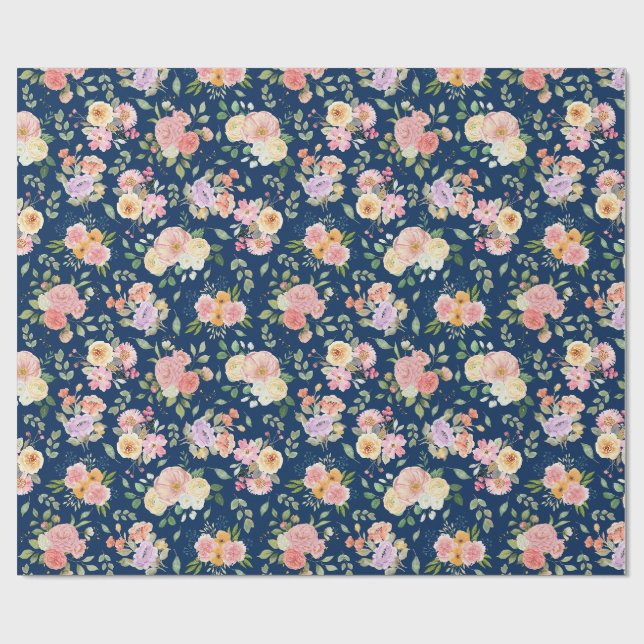 Summer Boho Floral on Navy Blue Geschenkpapier (Flach)