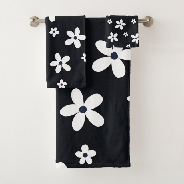 Summer Boho Schwarz-weiß Daisy Blume Badhandtuch Set (Insitu)