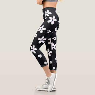 Summer Boho Schwarz-weiß Daisy Blume Capri Leggings