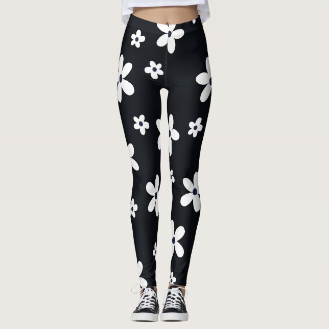 Summer Boho Schwarz-weiß Daisy Blume Leggings (Vorderseite)
