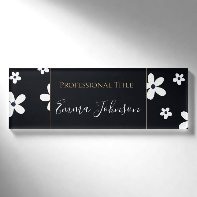 Summer Boho Schwarz-weiß Daisy Blume Namenschild (Vorderseite)