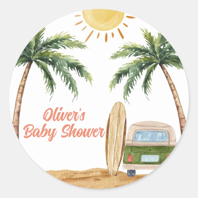 Summer Boho Surf Beach Van Baby Dusche Runder Aufkleber (Vorderseite)