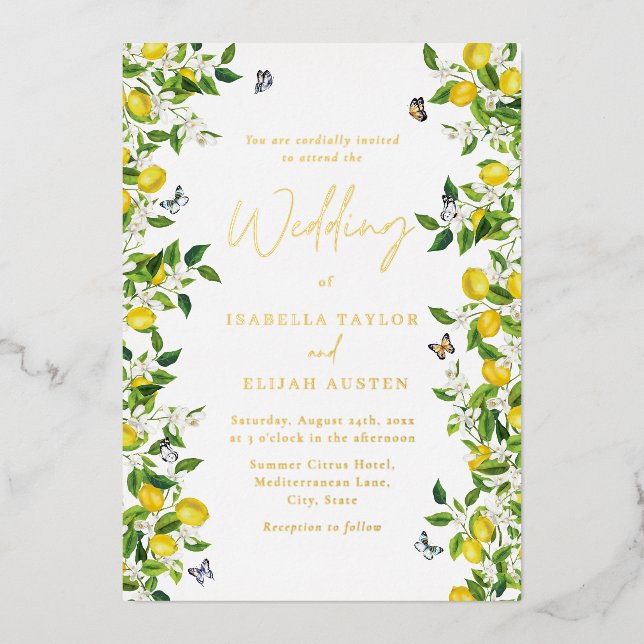 Summer Botanical Lemon Wedding Gold Folieneinladung (Vorderseite)