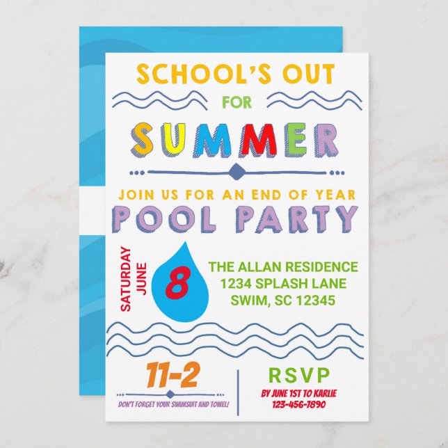 Summer Break Pool Party Einladung (Vorne/Hinten)