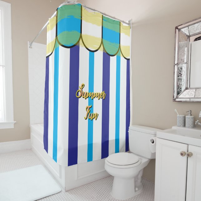 Summer Cabana Blue White Yellow Stripes Duschvorhang (Beispiel)