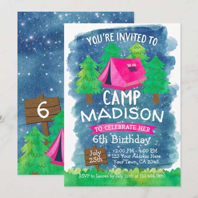 Summer Camp, Camping Geburtstag Einladung (Vorne/Hinten)