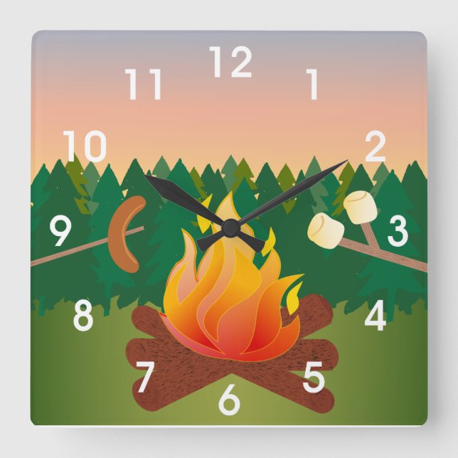 Summer Camp Marshmallow Smores Quadratische Wanduhr (Vorderseite)