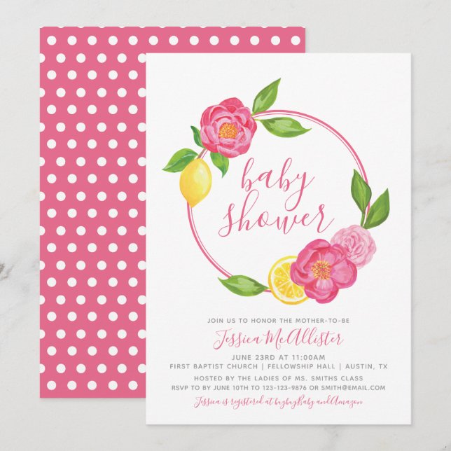 Summer Citrus Floral Wreath Girl Babydusche Einladung (Vorne/Hinten)