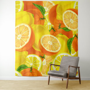Summer Citrus Lemons & Orange Whimsical Artwork™ Wandteppich