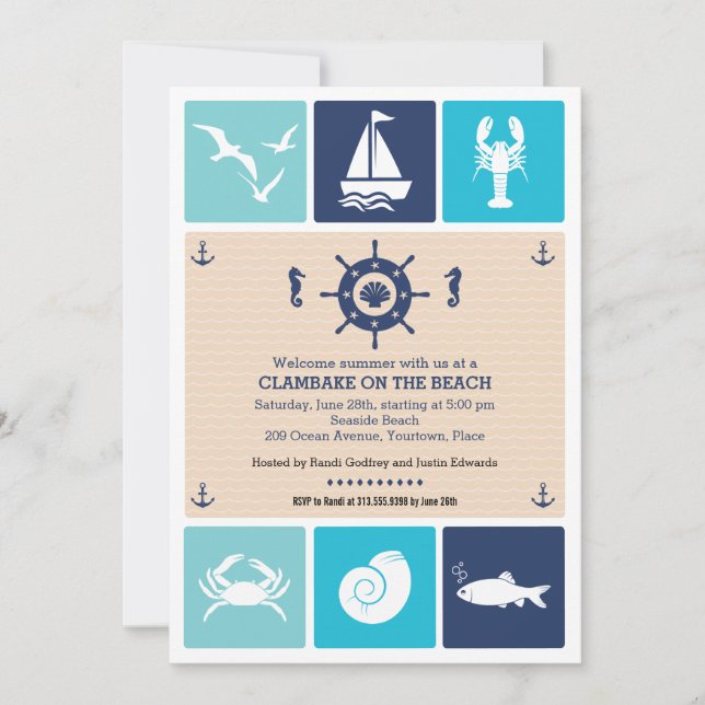 Summer Clambake Nautical Beach Icons Party Einladung (Vorderseite)