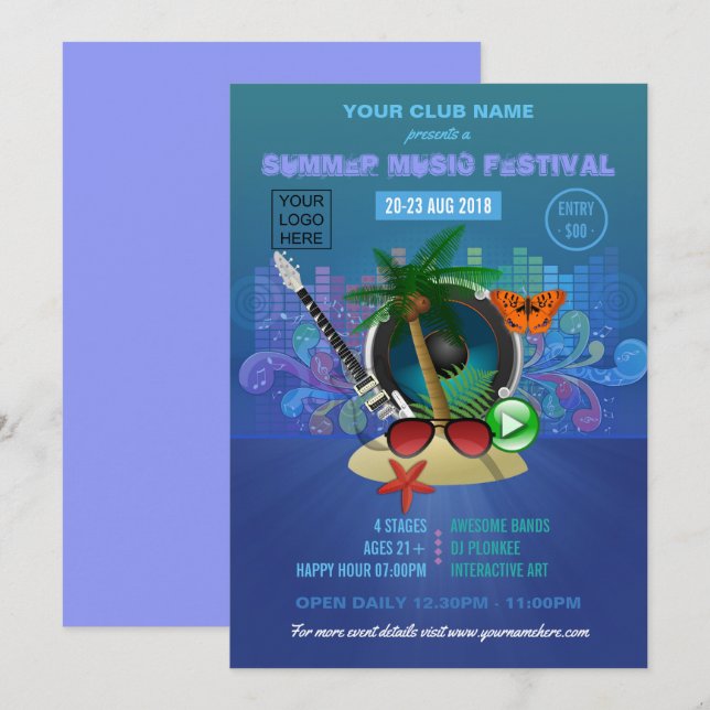 Summer Club Beach Party Logo hinzufügen Einladung (Vorne/Hinten)