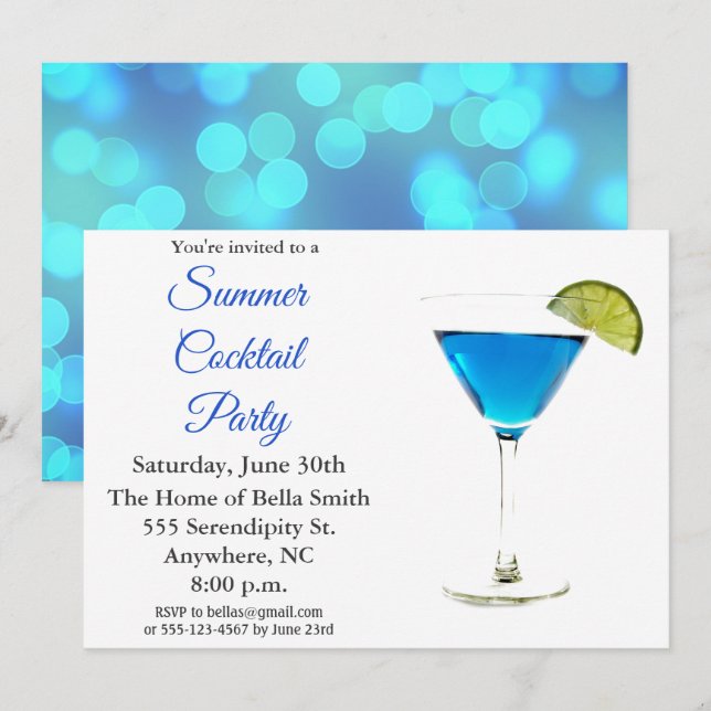 Summer Cocktail Party Blaue Einladung (Vorne/Hinten)