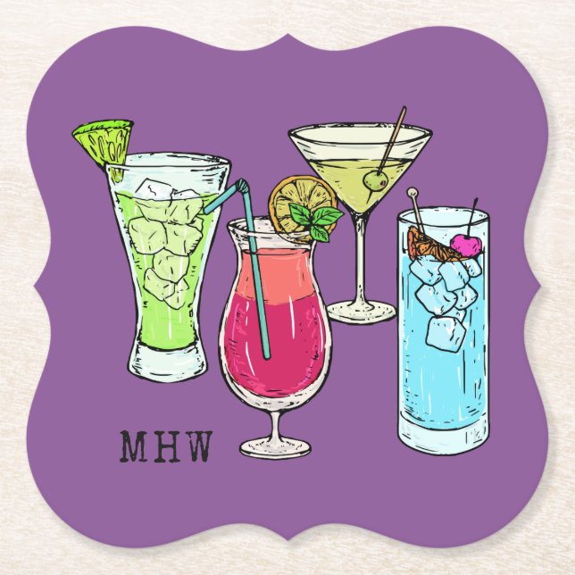 Summer Cocktails kundenspezifische Monogramm-Unter Untersetzer (Vorderseite)