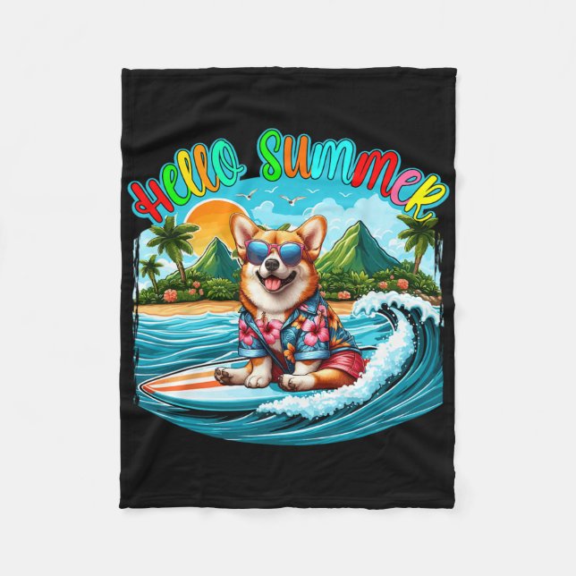 Summer Costume Corgi Sungles Surfing On Beach Surf Fleecedecke (Vorderseite)