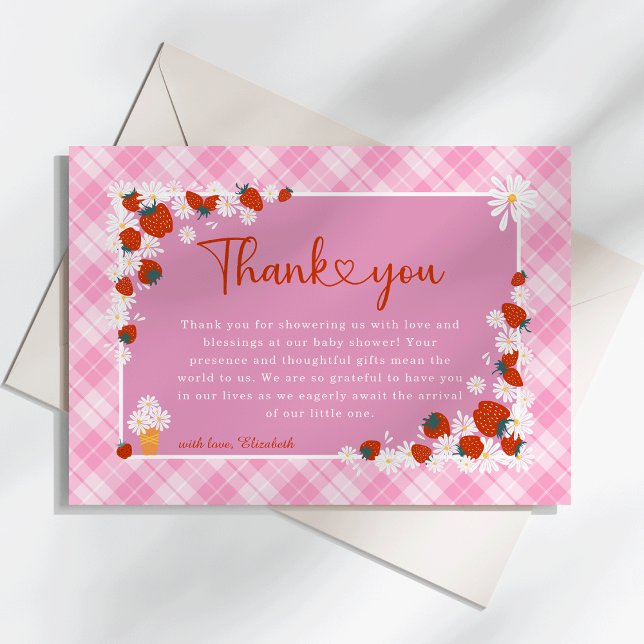 Summer Daisy Blume Berry Sweet Baby Dusche Dankeskarte (Someone Berry Sweet is on the Way Summer Daisy Flower & Strawberry Pink Plaid  Baby Shower Thank You)