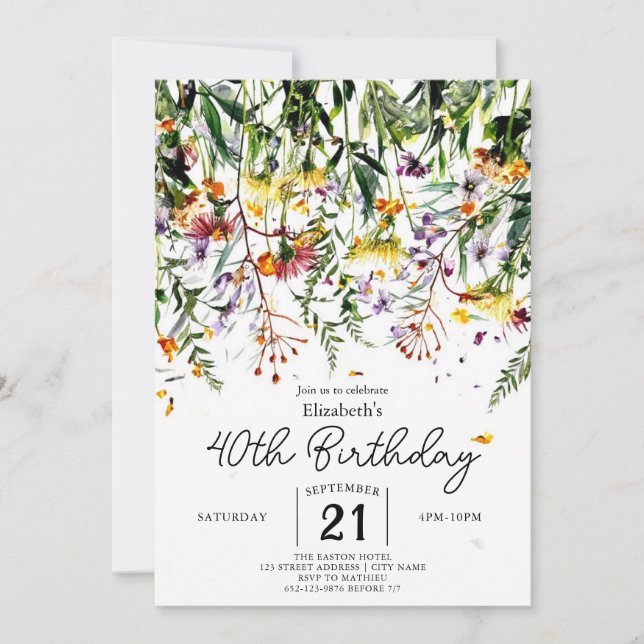 Summer Delicate Wildblumen 40. Geburtstag Einladung (Vorderseite)