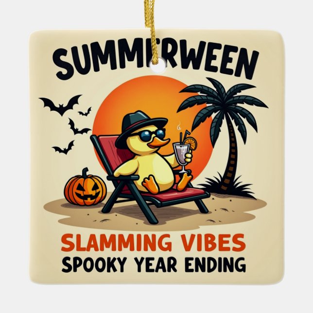 Summer Duck And Pretty Witch Halloween Keramikornament (Vorderseite)