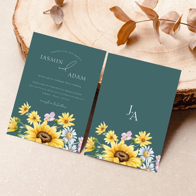 Summer Emerald Green Sunflowers Monogram Wedding Einladung (Summer Emerald Green Sunflowers Monogram Wedding Invitation)