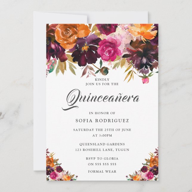 Summer Fall Burgundy Floral Fall Quinceanera Party Einladung (Vorderseite)