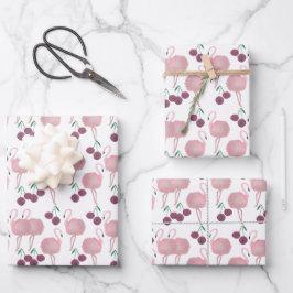 Summer Flamingo Cherries Hand bemalt Wasserfarbe Geschenkpapier Set