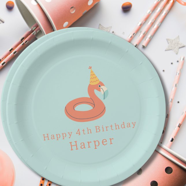 summer flamingo float kids birthday pool party pappteller (flamingo happy birthday pool party modern paper plates paper party products & supplies)
