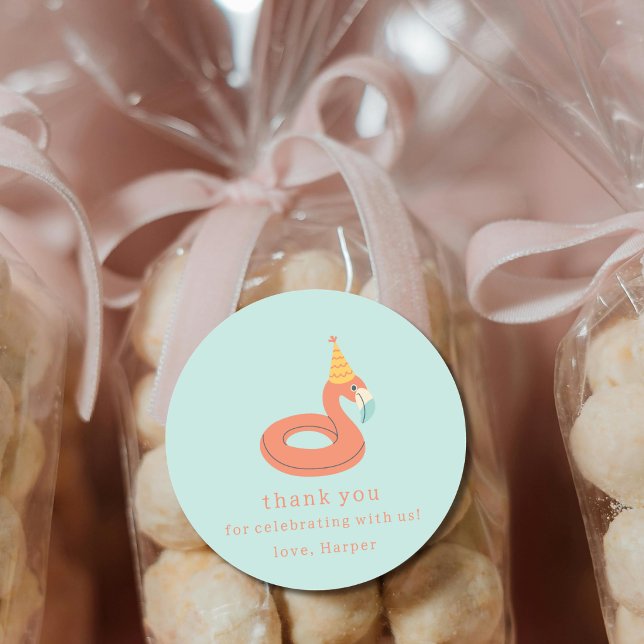 summer flamingo float kids birthday pool party runder aufkleber (flamingo birthday pool party personalized name thank you party favor sticker label)