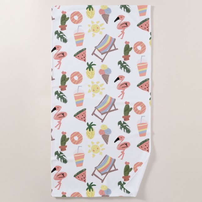 Summer Flamingo Hand Drawn Doodles Strandtuch (Vorderseite)