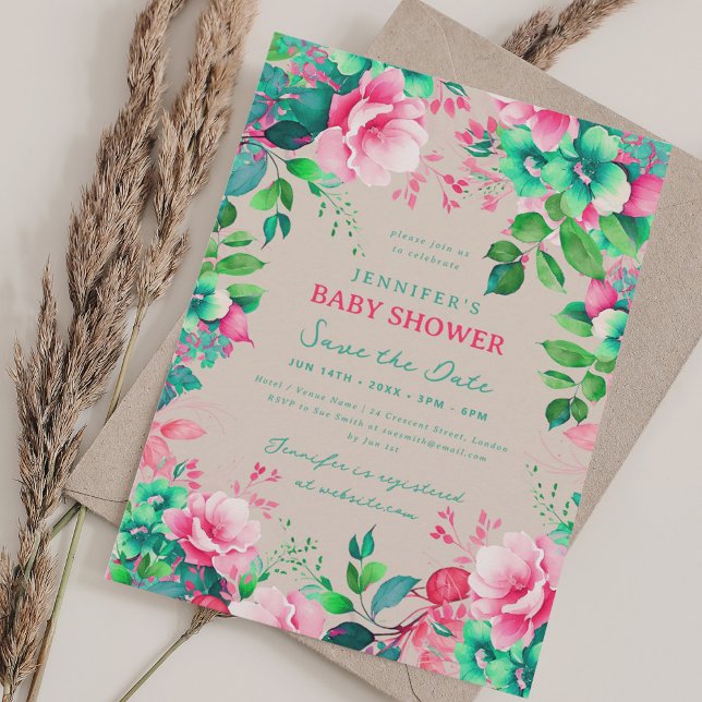 Summer Floral Baby Dusche Rett Date Champagne Einladung (Summer Floral Baby Shower Save Date Champagne Invitation)