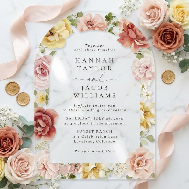 Summer Floral Blush Pink and Yellow Wedding Acryleinladungen (Von Creator hochgeladen)
