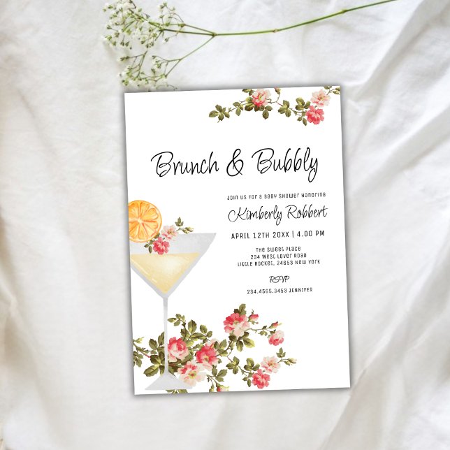 Summer Floral Brunch Bubbly Champagner Baby Dusche Einladung (Summer Floral Brunch Bubbly Champagne Baby Shower Invitation)