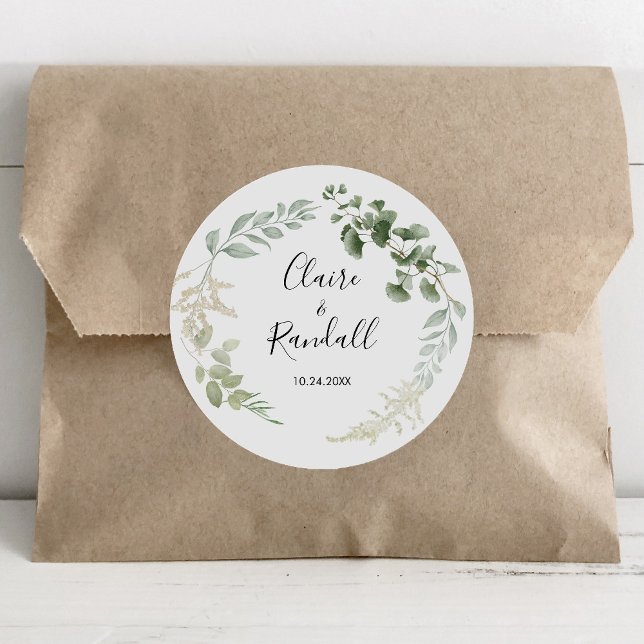 Summer Floral Green Foliage Hochzeit Runder Aufkleber (Von Creator hochgeladen)