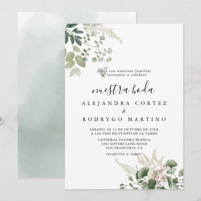 Summer Floral Green Foliage Nuestra Boda Wedding Einladung (Vorne/Hinten)