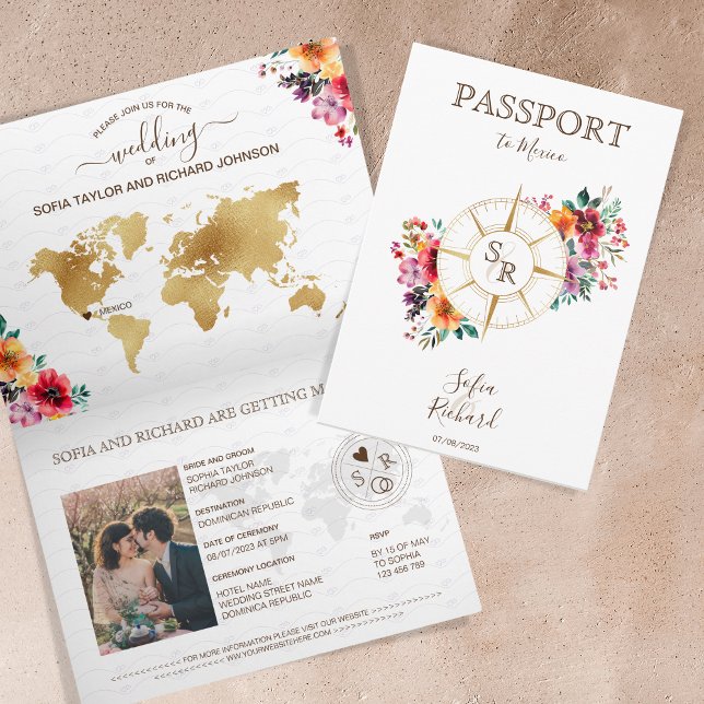 Summer Floral Hochzeit in Urlaubsort Passport Einladung (passport wedding invitation with compass and flowers)
