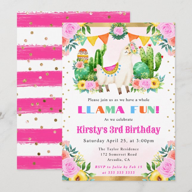 Summer Floral Llama Kindergeburtstag Einladung (Vorne/Hinten)