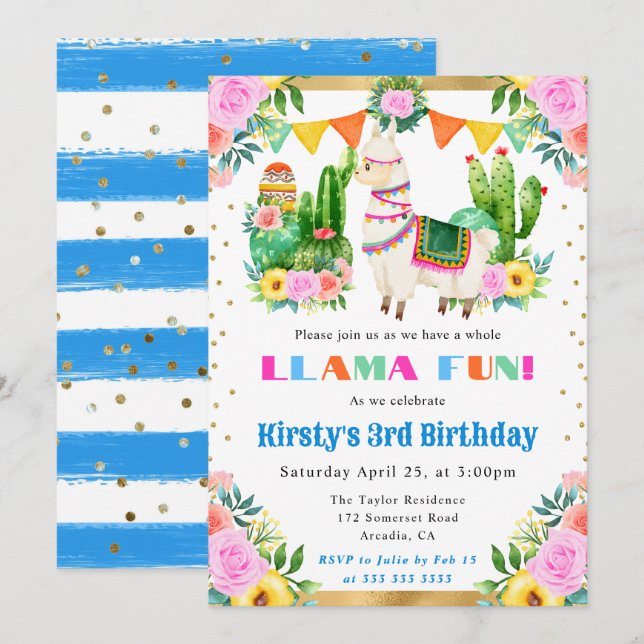 Summer Floral Llama Kindergeburtstag Einladung (Vorne/Hinten)
