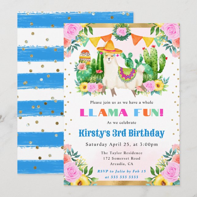 Summer Floral Llama Kindergeburtstag Einladung (Vorne/Hinten)